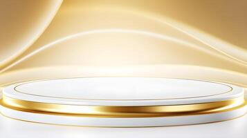 Elegant White Podium Display with Sparkling Golden Curve for Product Showcase photo