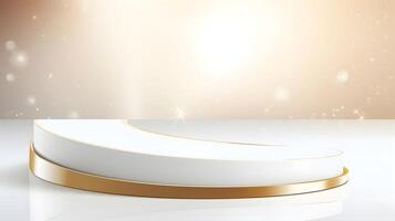 Elegant White Podium Display with Sparkling Golden Curve for Product Presentation photo