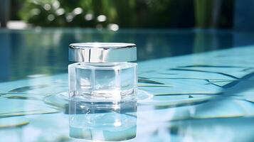 Serene White Cosmetic Jar Floating on Summer Water Surface photo