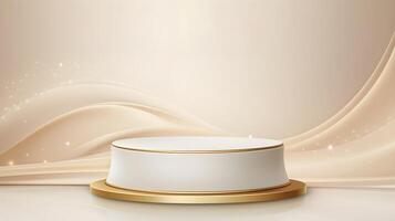 Elegant White Podium Display with Sparkling Golden Curve for Product Showcase photo