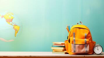 Organized School Supplies Backpack with Stationery on Classroom Table photo
