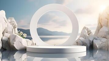 Elegant White Stone Podium Cosmetic Display Product Stand with Soft Illumination for Beauty Products Promotion photo