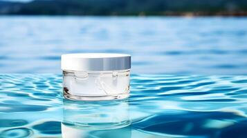 Tranquil White Cosmetic Jar on Summer Water Surface Reflection - Spa and Beauty Concept photo