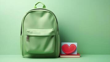 Organized School Supplies Backpack with Stationery on Classroom Table photo