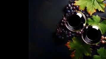 Elegant Wine Composition with Grapes, Leaves, and Corks on Dark Background photo