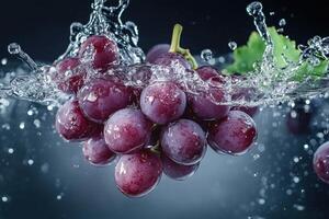 Fresh grapes splash into clear water, creating dynamic ripples and bubbles in a vibrant setting photo