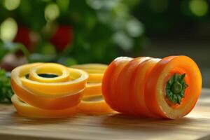 Colorful sliced vegetables ready for preparation on a wooden cutting board in a bright outdoor kitchen setting photo