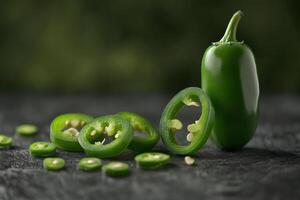 Fresh green jalapenos sliced on a dark surface surrounded by whole peppers in natural light photo