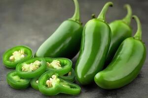 Fresh green jalapenos displayed on a dark surface with sliced pieces showcasing seeds and vibrant color photo