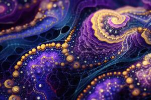 Abstract swirls of purple and gold textures creating a mesmerizing digital artwork in vibrant detail photo