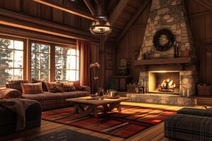 Cozy cabin interior with stone fireplace, wooden beams, and large windows, creating a warm atmosphere during winter daylight photo