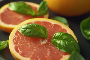 Fresh grapefruit slices garnished with basil leaves on a dark plate in a cozy kitchen setting photo