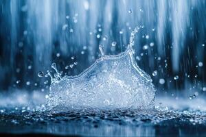 Close-up of water droplets splashing on a surface during a heavy rain shower captured in motion photo