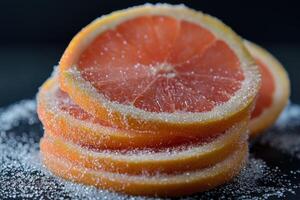 Grapefruit slices with sugar create a vibrant display on a dark background photo