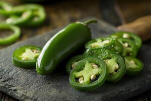Freshly sliced jalapeno peppers on a rustic wooden cutting board ready for culinary use in a kitchen setting photo