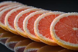 Sweet and vibrant grapefruit slices arranged on a reflective surface with sugar on the edges photo