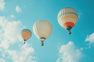 Colorful hot air balloons floating in a bright blue sky during a sunny day photo