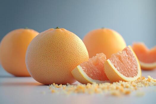 Freshly sliced grapefruit with whole fruit in the background on a light countertop photo