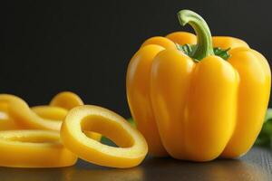 Fresh yellow bell pepper and sliced rings on a dark background highlighting the vibrant color and texture of the vegetables photo