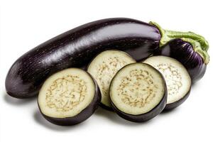 Fresh eggplant cut into slices showcasing rich color and texture, ideal for culinary use in various dishes and recipes photo