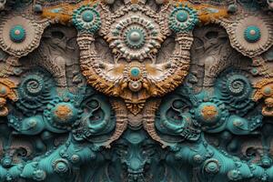 Intricate abstract design featuring ornate patterns and vibrant colors on textured surface photo
