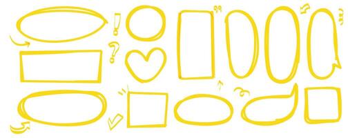 Set of yellow marker highlight. Pen mark line and brush stroke in shape of elipse and heart and speech bubble. underline elements vector
