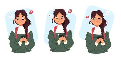 illustration of a girl with phone and different emotion as a happy and doubt and Surprise about message notification. Woman using social media. Student character. Cartoon art with textures vector
