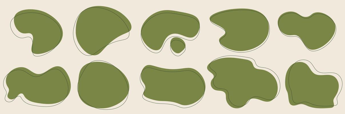 A set of abstract green rounded liquid blob shapes. Irregular random fluid design figures rounded elements. trendy illustration with thin lines as a