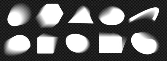 Set of blur shape graphic elements. White blurry blobs with soft gradients. Abstrac forms with fluid effect on black transparent background vector