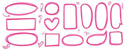 Set of pink marker highlight. Pen mark line and brush stroke in shape of elipse and heart and speech bubble. underline elements. vector