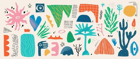 Abtract doodle shapes. Scribble graphic elements with trendy textures. Kit geometric and organic illustration for collage. Hand drawn and cutout forms set. vector