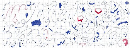 Set of handdrawn scribble arrows. Squiggly line strokes. Doodle elements. Infographic decoraring set. Collection of guides. Pen lines at the grid notebook background vector