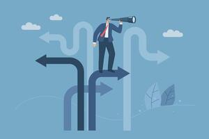 Business decisions or choices, Finding the right direction, Business opportunities or paths to success, Using vision to decide the path ahead, Businessman using binoculars to look at business routes. vector