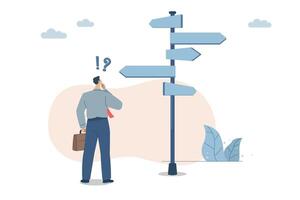 Difficulty in making decisions and finding the right business direction, Confusion with the various directional signs, Using vision to decide the path ahead, Business man are choosing business paths. vector