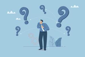 Problems or questions with business decisions, Thinking of strategies for working for the success of the company, Search questions or ideas, Businessman with many question marks. illustration. vector