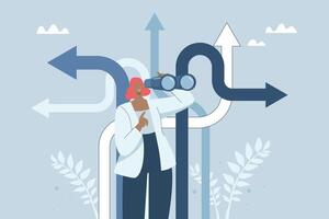 Finding the right path, Business opportunity or the right path to success, Decision making or choosing a business destination, Businesswoman using binoculars to find the right path. design. vector
