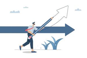 Changing investment strategies to grow or succeed in business, Adjustment or change in a progressive direction, Businessman draws new arrow to change the direction of the arrow. illustration. vector