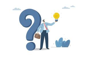 Finding answers to business questions or problems, Generating creative ideas to solve big problems for an organization or company, Businessman holding a light bulb with a big question mark. . vector