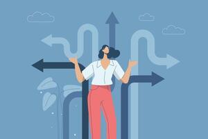 Confusion or decision about business approach, Difficult decision, Choosing the right direction, Finding the right business direction, Businesswoman thinking and making business decisions. . vector