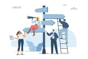 Determining the direction or important path of the business, Setting the right path to success, Using vision analysis to analyze the future, Business team plans to signpost for the organization. vector