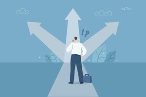 Business decisions or choices, Finding the right direction, Business opportunities or paths to success, Using vision to decide the path ahead, Businessman are choosing a business path. design. vector