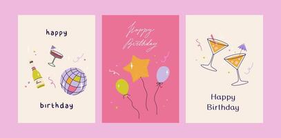 Happy birthday card set. Trendy greeting cards with balloons, cocktails, disco ball. Cute and elegant illustration templates in simple style vector