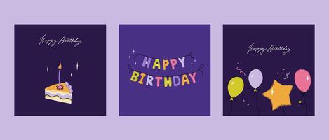 Happy birthday squared card set. Trendy greeting cards with ballon garland, slice bento cake. Cute and elegant illustration templates in simple style vector