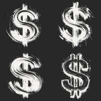 Four stylized US dollar symbols in a grunge, textured style. Each symbol is composed of bold, brushstroke lines vector