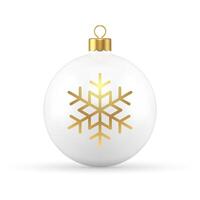 White luxury Christmas ball toy with golden snowflake and loop 3d icon realistic vector