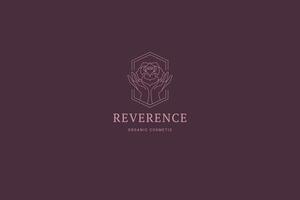 Hands holding blossom rose flower bud line art logo design template illustration vector