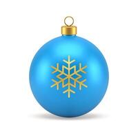 3d Christmas ball blue toy with golden snowflake ornate and loop icon realistic vector