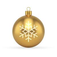 Luxury golden Christmas ball toy with snowflake and loop for hanging 3d icon realistic vector