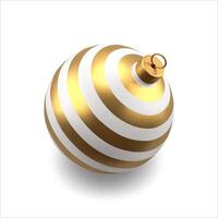 Realistic striped golden and white Christmas tree ball with loop for hanging 3d template vector