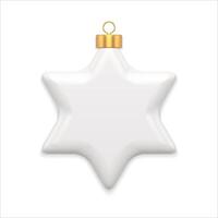 Cute white six pointed star Christmas tree toy with golden loop hanging 3d template vector